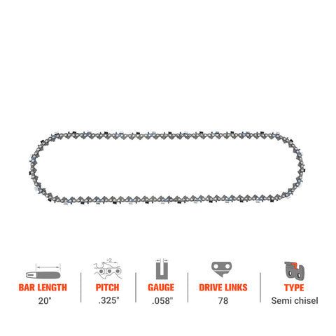 Hipa Ripping Chain .325" .058" 78 DL 20 Inch For Echo CS-450 CS-490 CS-530 CS-500 Husqvarna Dolmar Jonsered Chainsaw Hipa Ripping Chain .325" .058" 78 DL 20 Inch For Echo CS-450 CS-490 CS-530 CS-500 Husqvarna Dolmar Jonsered Chainsaw