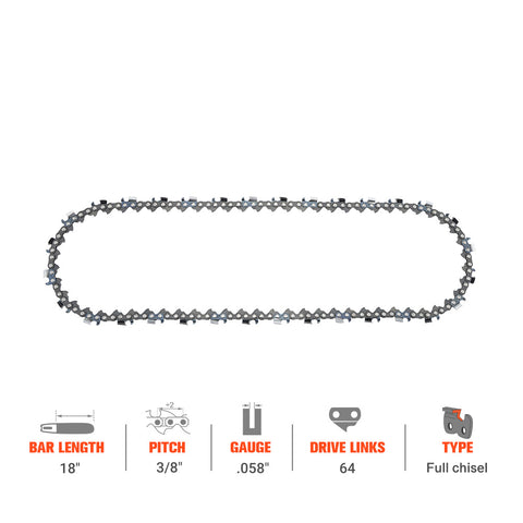 Hipa Standard Chain 3/8" Pitch .058" Gauge 64 DL 18 Inch For Husqvarna 460 455 455e 55 Rancher 372xp 576xp Dolmar Echo Chainsaw # 35 RS 64 Hipa Standard Chain 3/8" Pitch .058" Gauge 64 DL 18 Inch For Husqvarna 460 455 455e 55 Rancher 372xp 576xp Dolmar Echo Chainsaw # 35 RS 64