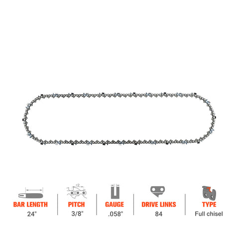 3/8 Pitch .058 84 DL Full Skip 24 inch Saw Chain For Husqvarna 55 65 66 455 455e 460 Rancher 372xp 576xp 262XP 362 362XP Echo Chainsaw 3/8 Pitch .058 84 DL Full Skip 24 inch Saw Chain For Husqvarna 55 65 66 455 455e 460 Rancher 372xp 576xp 262XP 362 362XP Echo Chainsaw