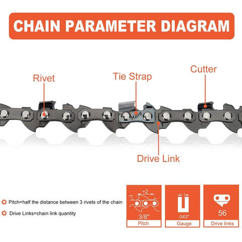 16 Inch Chain 3/8 LP Pitch .043 Gauge 55 DL for Stihl MS170 MS180 017 018 MS180C MS171 MS181 Chainsaw Replace 3610 005 0055 61PMM3 55 Semi Chisel