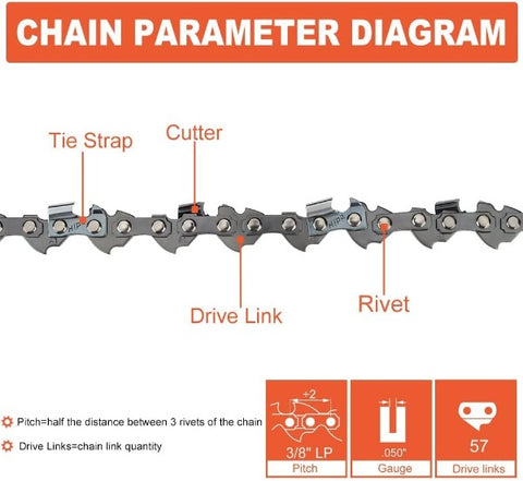 16 Inch Chain 3/8 LP .050 57 DL For S57 Echo CS290 CS300 CS305 CS306 CS310 CS370 CS400 CS352 Chainsaw # 91VXL057G 91PXL057G 91PX57CQ