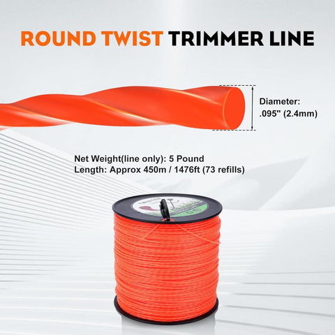 Hipa .095 5-Pound by 1889-ft Round Twist Commercial Trimmer Line in Spool Weed Eater with 2.4 mm/095-Inch Line Cutter Orange SOAK for 24H Before Using