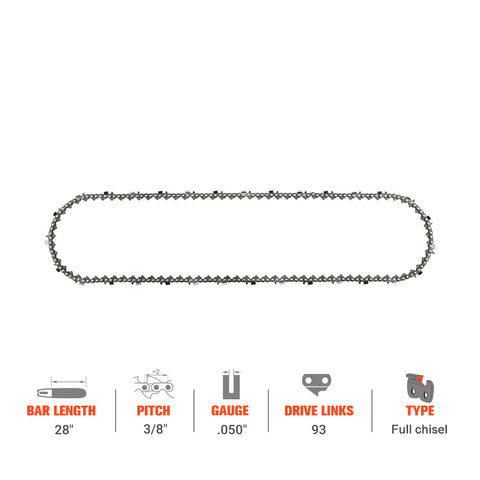 Hipa Full Skip Chain 3/8" .050" 93 DL 28 Inch For Husqvarna 365 372 455 460 465 562 Homelite Echo Chainsaw
