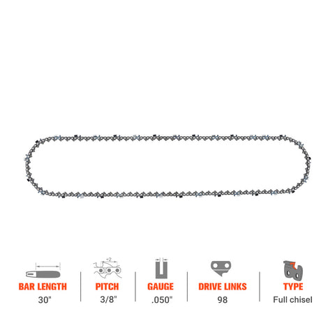 Hipa Full Skip Chain 3/8" .050" 98 DL 30 Inch For Stihl MS046 MS441 MS440 Poulan Dolmar Husqvarna Jonsered Chainsaw