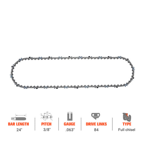 Hipa Full Skip Chain 3/8" .063" 84 DL 24 Inch For Husqvarna 372XP 394XP 572XP 576XP Jonsered 2165 2065 Stihl RedMax Chainsaw