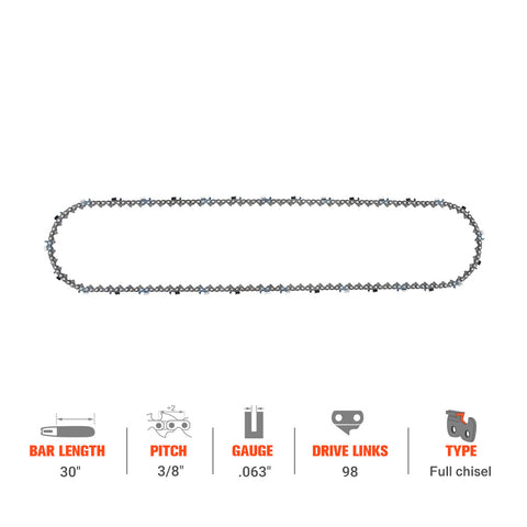 Hipa Full Skip Chain 3/8" .063" 98 DL 30 Inch For Stihl MS 461 440 460 660 Poulan Chainsaw