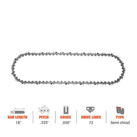 Hipa 18 Inch Ripping Chain .325 Pitch .050 Gauge 72 DL For Echo CS-400 CS-440 Homelite 25 27 Jonsered CS2245 CS2250 CS2250S Chainsaw