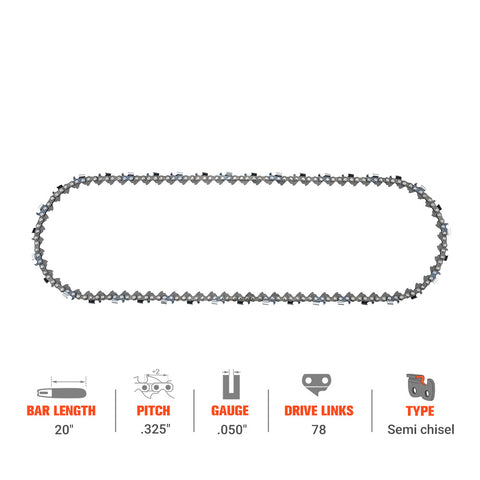 Hipa 20 Inch Ripping Chain .325 .050 78 DL For Homelite 42cc/46cc UT10520 45cc UT10518 UT10550 Cub Cadet Dolmar Chainsaw