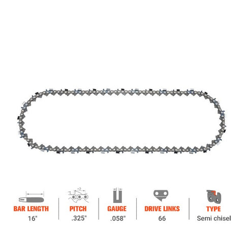 Hipa 16 Inch Chain .325 .058 66DL For Husqvarna 435 435E 350 340 Echo CS490 Redmax G5000 McCulloch Chainsaw # 21LGX066G