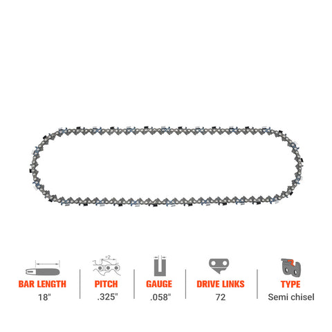 Hipa Standard Chain .325" .058" 72 DL 18 Inch For Husqvarna 455 445 55 Rancher Dolmar Jonsered ECHO CS450p CS450 CS530 CS400 Chainsaw