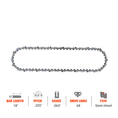 Hipa Standard Semi Chisel Chain .325" .063" 68 DL 18 Inch For For Stihl MS250 MS251C MS230 MS231 MS 251 MS361 MS391 Chainsaw