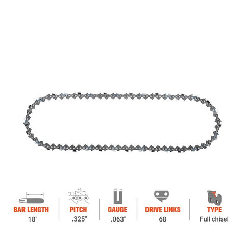 Hipa 18 Inch Full Chisel Chain .325 Pitch .063 Guage 68 DL For Stihl MS250 MS251C MS230 MS231 MS 251 MS361 MS391 Chainsaw Replace 22LPX068G