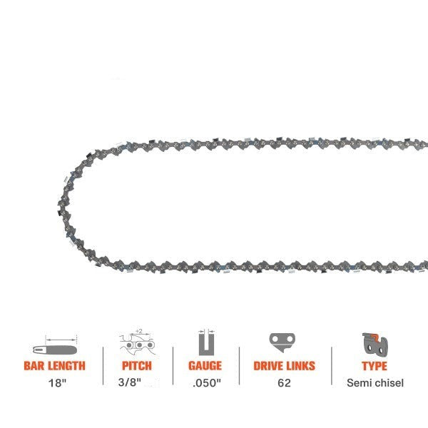 OEM GT 18" Chainsaw Chain 3/8 LP .050 62 Drive Links - Fits Echo 91PX62CQ, Greenworks PRO