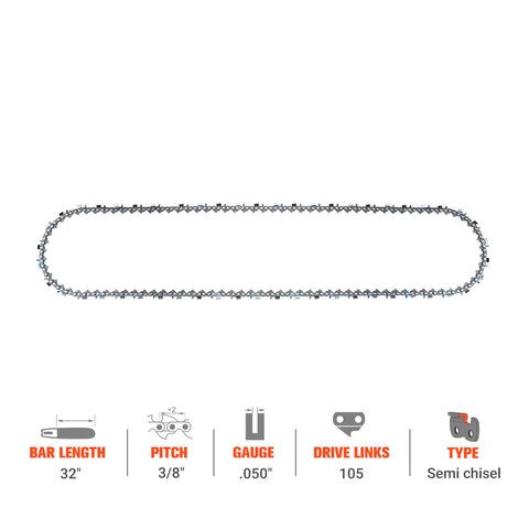 Hipa Ripping Chain 3/8" .050" 105 DL 32 Inch For Stihl MS461 Husqvarna 372xp 390xp 395xp 572xp Poulan Dayton Chainsaw