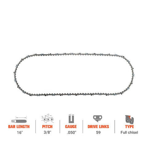 Hipa 16 Inch Full Chisel Chain 3/8 .050 59 DL 