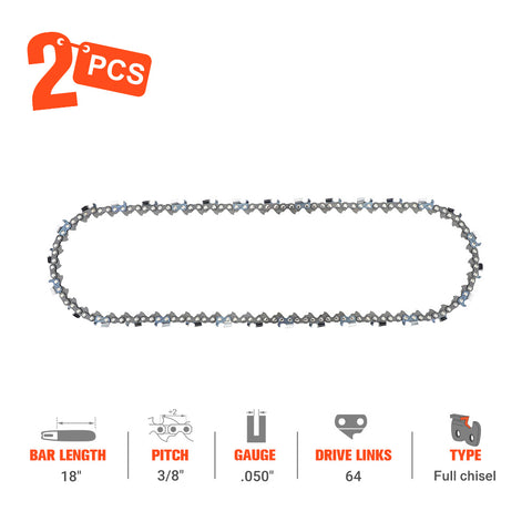 Hipa 18 Inch Chain 3/8 Pitch .050 Gauge 64 DL For Echo CS-590 CS-530 CS-490 Poulan Craftsman Jonsered Chainsaw