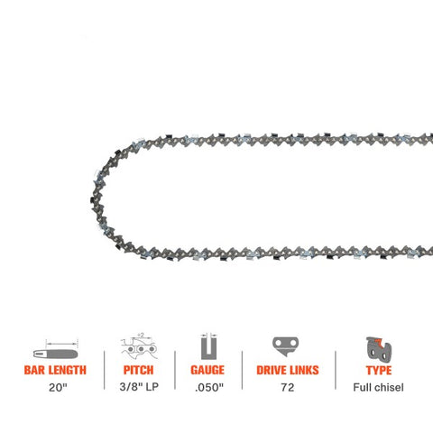 20 Inch Full Chisel Chain 3/8 Pitch .050 Gauge 72 DL For Husqvarna 455 Rancher 450 Stihl MS290 029 MS260 026 Chainsaw # Oregon D72 72EXL072G