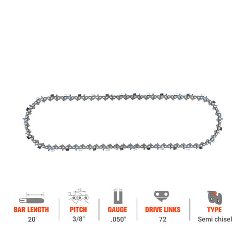 Hipa Ripping Chain 3/8" .050" 72 DL 20 Inch For Husqvarna 55 455 rancher Poulan Pro Pr5020 Stihl Cub Cadet Dolmar Chainsaw