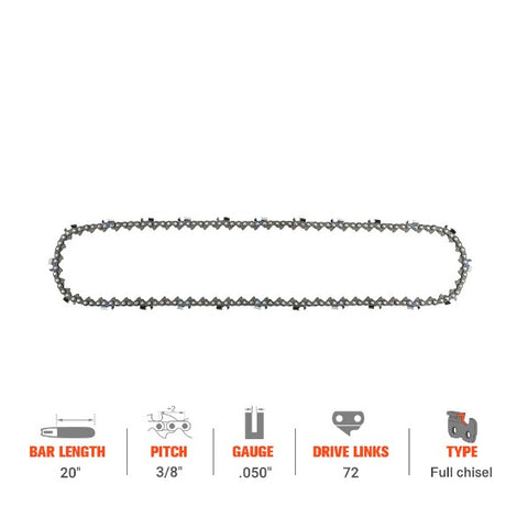 Hipa 20 Inch Full Skip Chain 3/8 Pitch .050 72 DL For Poulan Pro PR5020 50CC Husqvarna 365 562xp 372xp Stihl Chainsaw
